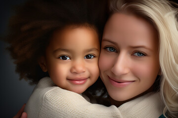 Interracial Caucasian mother with young African American child