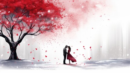 Sticker - A red flower is sitting on a snowy branch in the snow, with snow on the ground and behind it is a tree with snow on the branches and behind it is snowing on the.. valentine love woman an