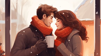 Wall Mural - A cozy of a couple sipping hot cocoa together. valentine love woman and man winter png like style