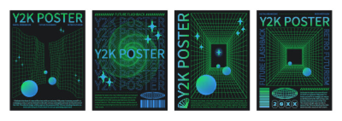 Y2k retro style poster design template with grid abstract perspective surfaces and elements. Vector set of vaporwave aesthetic covers and banners with gradient colored wireframe elements and balls.