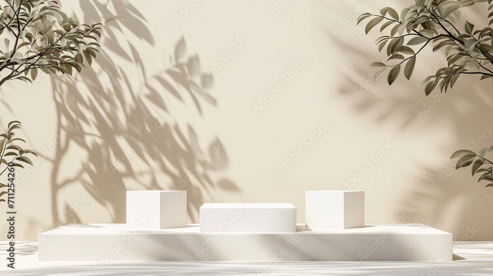 Abstract minimal nature scene - empty stage with three white rectangle ...