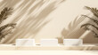 © Sweetrose official  - Abstract minimal nature scene - empty stage with three white rectangle podiums on beige background and shadows of tree leaves. Pedestal for cosmetic product and packaging mockups display presentation