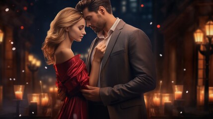Wall Mural - Romantic couple blond woman in red dress and man watch night city blurred light ,red roses ,glass of wine and candle light ,Valentine day,generated ai. valentine love woman and man winter png like sty