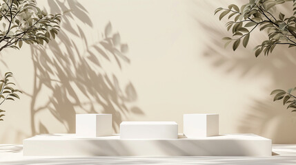 Abstract minimal nature scene - empty stage with three white rectangle podiums on beige background and shadows of tree leaves. Pedestal for cosmetic product and packaging mockups display presentation