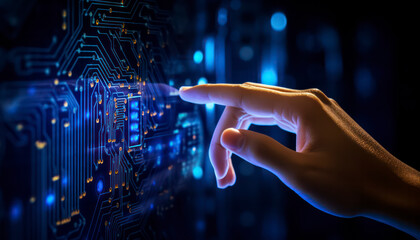 Futuristic Digital Technology: Business Concept with Hands-On Innovation, Networked Systems, and Abstract Cyberspace - Blue-Toned Banner of Advanced Science and Connectivity