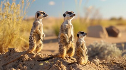 Wall Mural - A family of meerkats standing on their hind legs, surveying the desert landscape for potential threats.