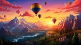 Hot air balloons flying over snow-capped mountains and colorful sky at sunset