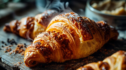 Fresh croissants on a wooden background.