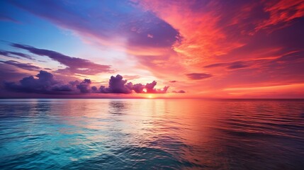 Wall Mural - beautiful sunset colors over the ocean with fluffy clouds