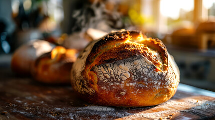 Freshly baked homemade bread on a table.