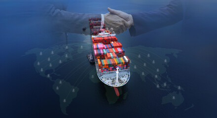 Double exposure of businessman handshake partnership ship cargo business commercial logistic and transportation international import export by freight cargo ship in the open seaport show ocean map.