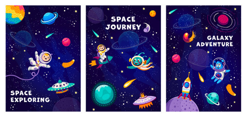 space posters with cartoon characters and starry galaxy landscape. galaxy discovery vector posters o