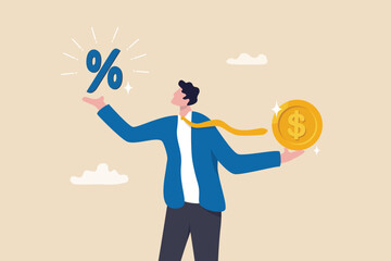 Wall Mural - Lending, mortgage or loan interest rate, financial credit, economy growth or income tax calculation, debt or financial credit, investment concept, businessman holding dollar money coin and percentage.