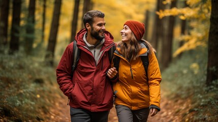 Happy couple hiking in autumn forest with colorful foliage and backpacks