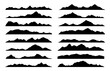© Vector Tradition - Mountain, hill and rock black silhouettes, vector rocky valley landscape shapes. Mount peak or canyon range and alpine valley hills silhouette icons for hiking, camping or climbing sport and travel
