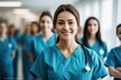 © Iftikhar alam - Women in Scrubs Standing in Hallway for Group Picture, female woman doctor nurse portrait shot smiling cheerful confident standing front row in medical training class, AI Generated