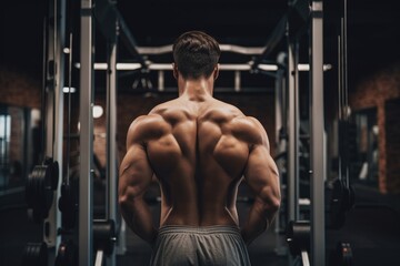  A man stands in front of a gym machine ready to engage in a fitness workout, Fitness, back pain and hands of man at gym for training with muscle, AI Generated