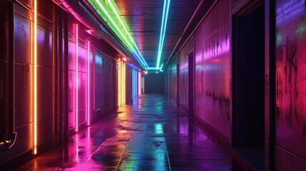 Poster - A neon rainbow light running along the ceiling filling the room with vibrant colors