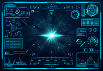 Poster - Spaceship radar screen interface or HUD dashboard of control panel, vector background. Futuristic spaceship dashboard UI for game, HUD technology virtual display with information boxes and target aims