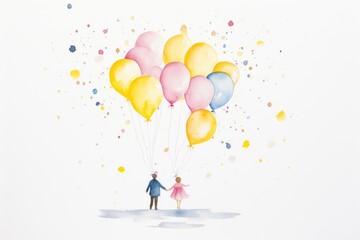 A colorful painting depicting a man and a woman joyfully holding balloons, gender reveal baby shower card with pink yellow and blue balloons, AI Generated