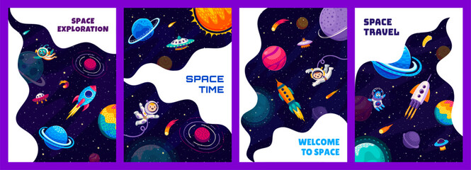 Wall Mural - Space posters with cartoon spaceship and starship, kid astronauts and alien UFO, vector background. Galaxy planets and stars, kid spaceman on rocket spaceship with comets and asteroids in starry sky