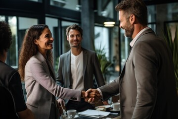 Business professionals shaking hands across table smiling 