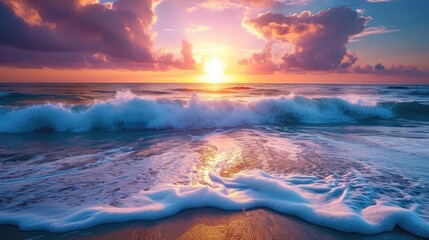 Sticker - Beautiful ocean and sunset with a wave breaking on shore