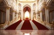 This captivating image showcases a set of stairs leading up to a luxurious red carpeted hall, exuding elegance and grandeur, Decorated empty throne hall, AI Generated
