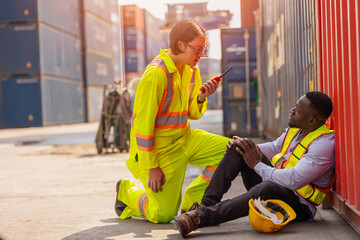 black african worker accident leg injury medic medical team staff help support in port cargo container yard