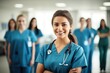 © Iftikhar alam - Woman in Scrubs Leading Group of Nurses in a Hospital Setting, female woman doctor nurse portrait shot smiling cheerful confident standing front row in medical training class, AI Generated