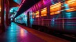 A neon train rushes by leaving a trail of bright colors in its wake