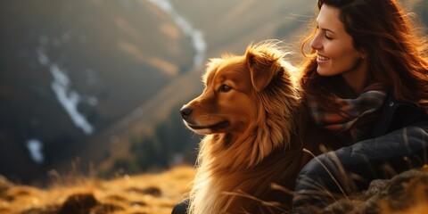 Sticker - girl with a toller dog in the mountains