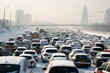 Urban streets congested with vehicles causing gridlock after snowstorm. Urban roadways overwhelmed with traffic make difficult for drivers to navigate