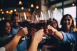 Group of People Toasting With Wine Glasses at a Celebration Party, Friends toasting red wine glass and having fun cheering at winetasting experience, AI Generated