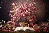 Fototapeta  - An open book sits atop a vibrant green field, symbolizing the harmony between knowledge and the beauty of nature, Flower apple tree and book background, AI Generated