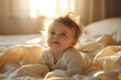 © visoot - A baby lying in bed on his back in the sunlight. Generative AI.