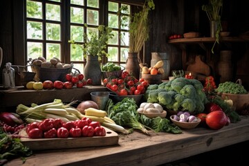 Canvas Print - A colorful assortment of various fresh vegetables displayed on a rustic wooden table, Fruits and vegetables laid out on a wooden table in a rustic kitchen setting, AI Generated