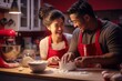 © lenblr - Multicultural couple baking festive cake on Valentine Day. African-American man in love with Asian woman helps to prepare treats for table
