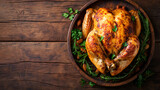 Fototapeta  - Roasted chicken with table. Traditional Christmas and Thanksgiving roasted whole chicken	