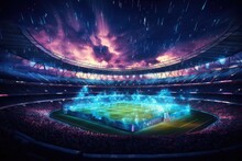 Thousands Of Excited Fans Gathered Together In A Massive Stadium To Witness A Thrilling Soccer Game, Full Night Football Arena In Lights, AI Generated