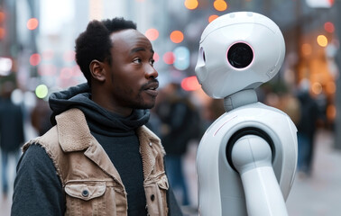 Wall Mural - African-American man talking emotionally with robot with gestures on the street of modern city. Generative AI.