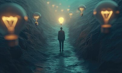 Wall Mural - a man walks through a tunnel with glowing lights above him, the concept of an idea