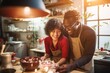 © lenblr - Multicultural couple preparing sweet treats on Valentine Day. Black man in love with assisting Asian woman prepares cake for Valentine Day dinner
