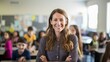 © Ameer - Happy female teacher with diverse students in elementary school classroom posing for camera