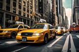 Fototapeta  - A densely populated urban street gridlocked with an overwhelming amount of vehicles during peak hours, Classic yellow taxi cabs in the busy streets of Manhattan, AI Generated