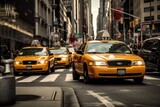 Fototapeta  - A yellow taxi cab gracefully maneuvers through a busy street surrounded by towering urban buildings, Classic yellow taxi cabs in the busy streets of Manhattan, AI Generated
