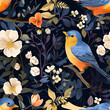 Seamless pattern with blue and orange  birds and flowers over a light blue background. Drawing illustration for fabric, print,decoration, banner, and wallpaper.
