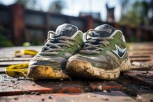 A Pair Of Dirty Shoes Left On Top Of A Street, Abandoned And Forgotten, Telling A Story Of Neglect, Close Up Of Well-worn Running Shoes After A Long Run, AI Generated