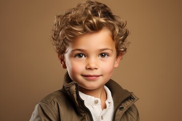 Portrait of a cute little boy with curly hair, isolated on brown background