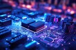 A close-up image capturing the intricate details and essential components of a computer motherboard, Close-up of a circuit board with glowing neon lights, AI Generated